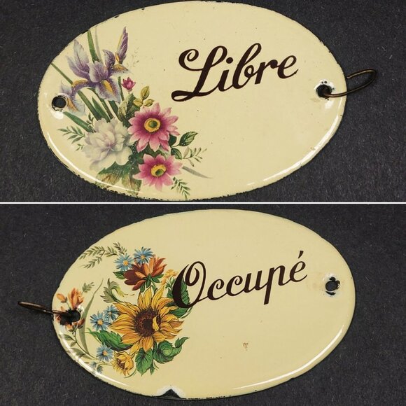 Vintage French Metal Flowers Floral  Enamel Door Sign Two Sided Libre / Occupé - Picture 1 of 1